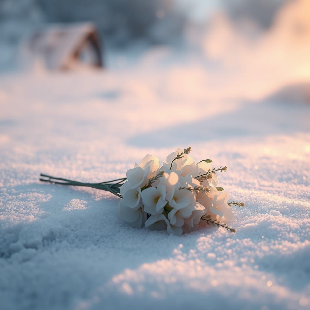 Snowy Floral Bouquet in Ethereal Mist, Fantasy Setting