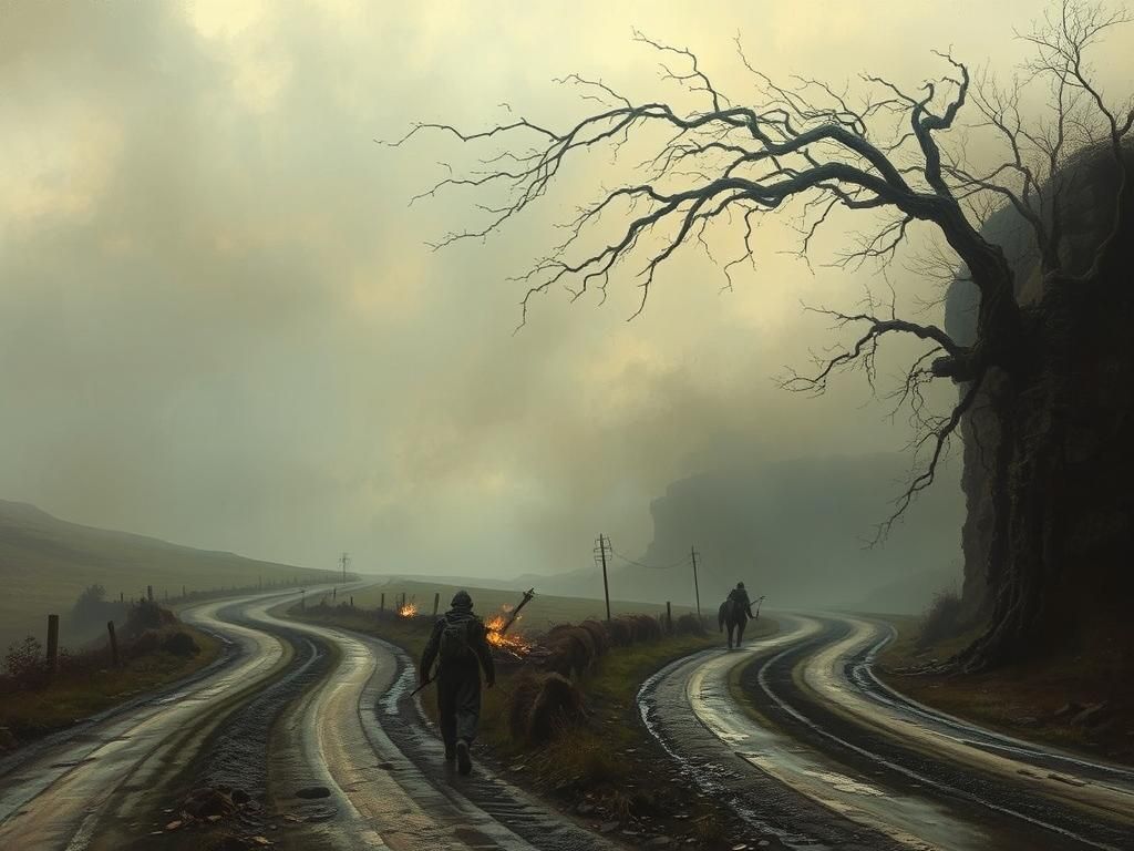 Two roads diverged curving left and diverged curving right.