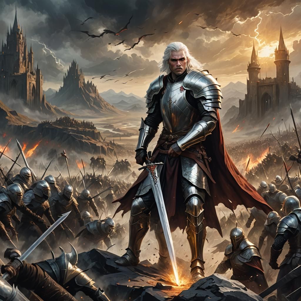 Targaryen King Battles Army: Epic Fantasy Oil Painting