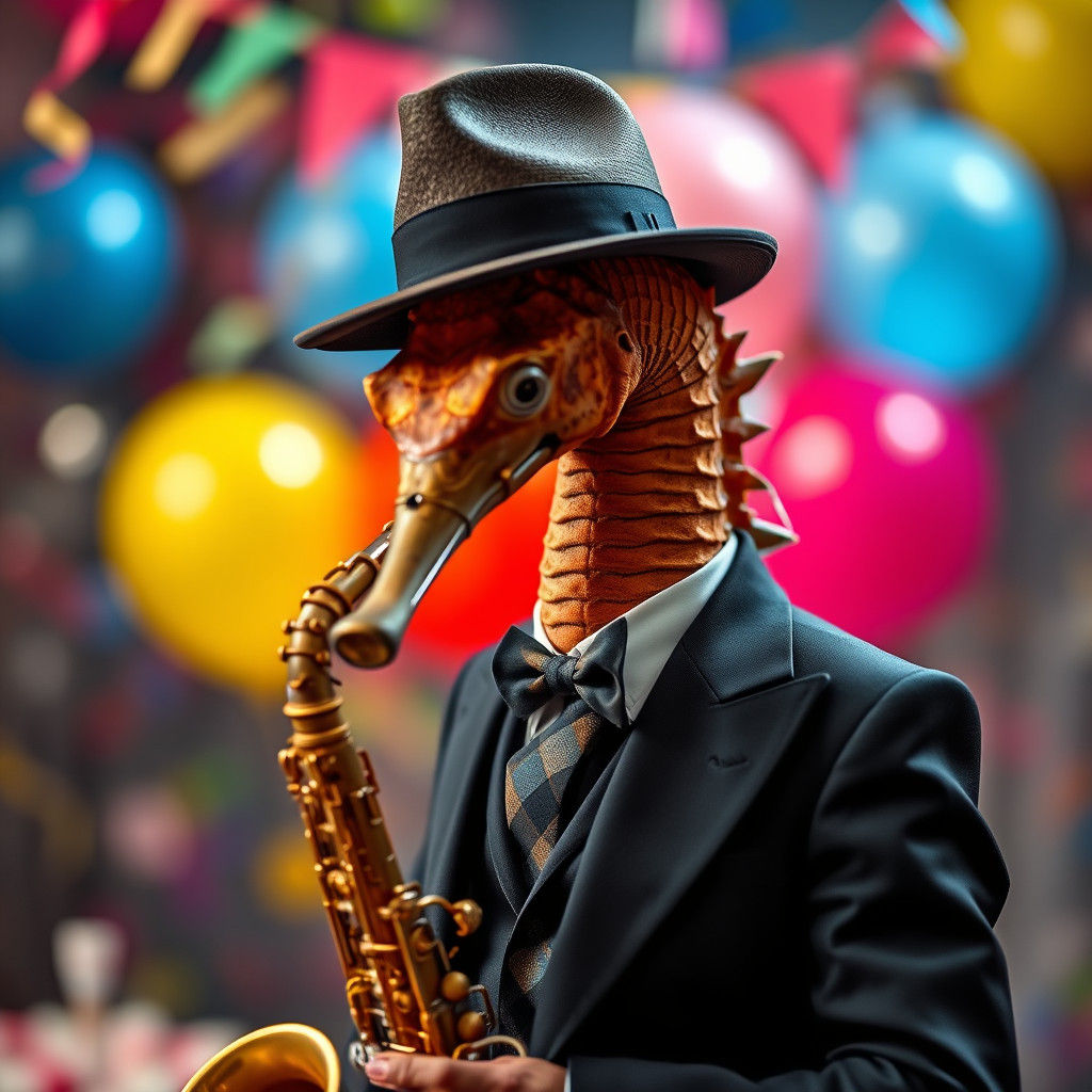 Sea Horse Saxophonist at Birthday Party in Hyperrealism