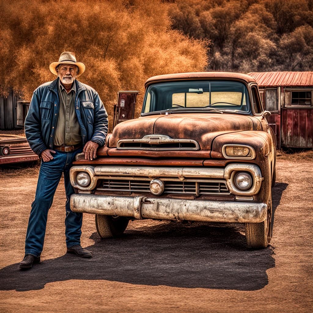 Weathered Man and Truck in Americana Style