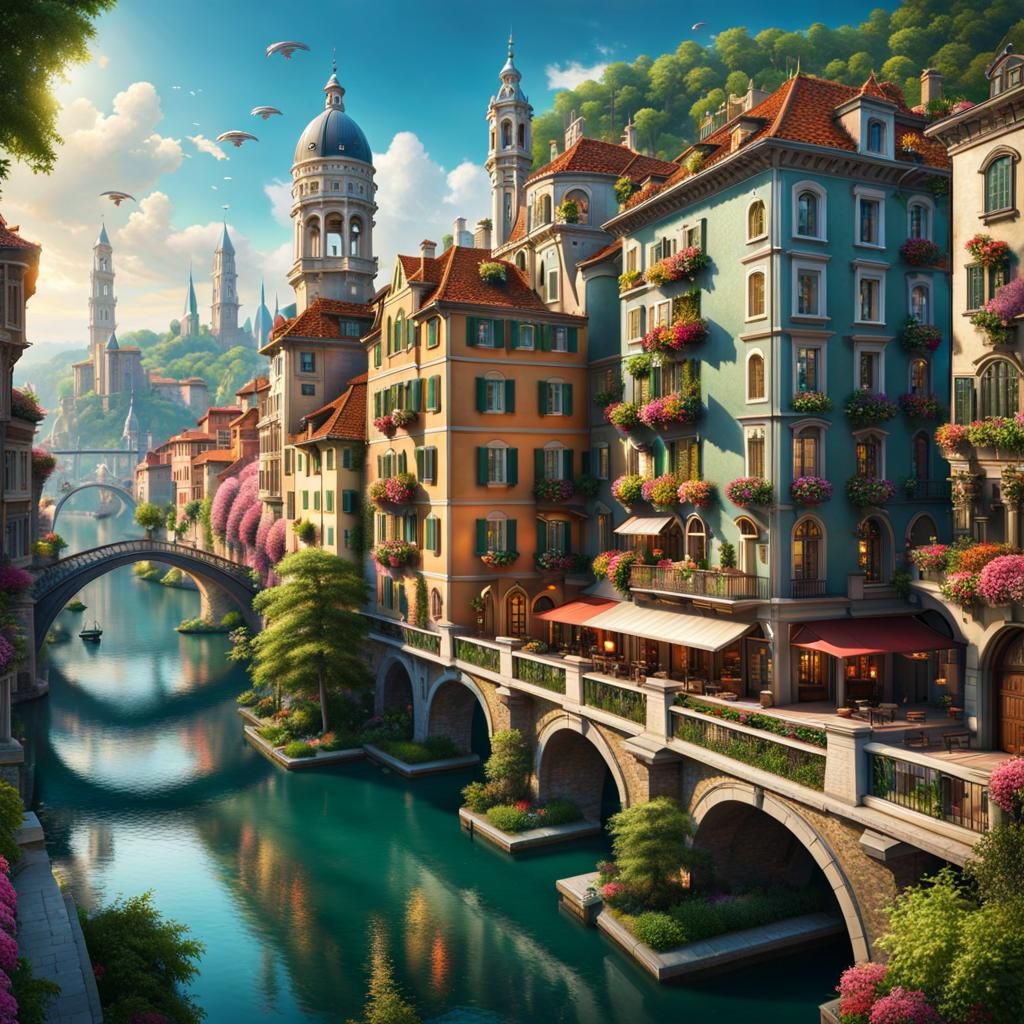 Renaissance City Amidst Lush Forest, Digital Art