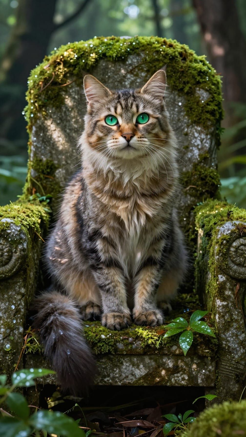Regal Feline on Ancient Throne in Enchanted Forest