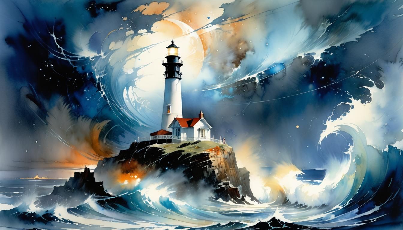 Lighthouse in Ocean Storm, Watercolor Art