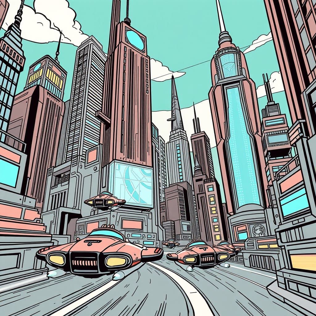 Jetsons-Inspired Cityscape in Gritty Cartoon Style