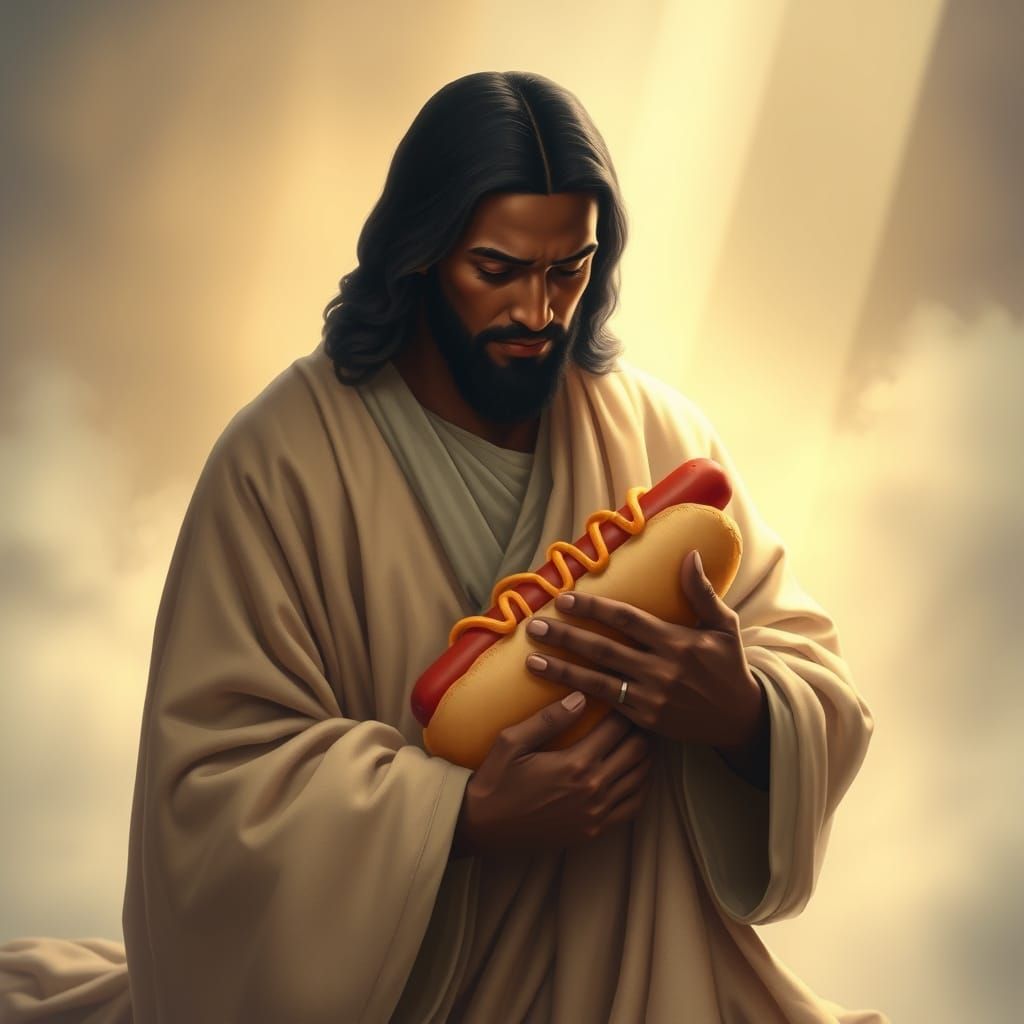 Jesus Cradling Hotdog in Dreamy, Ethereal Style