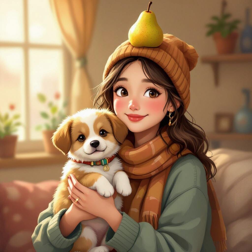 Person and Puppy with Pear, Whimsical Art