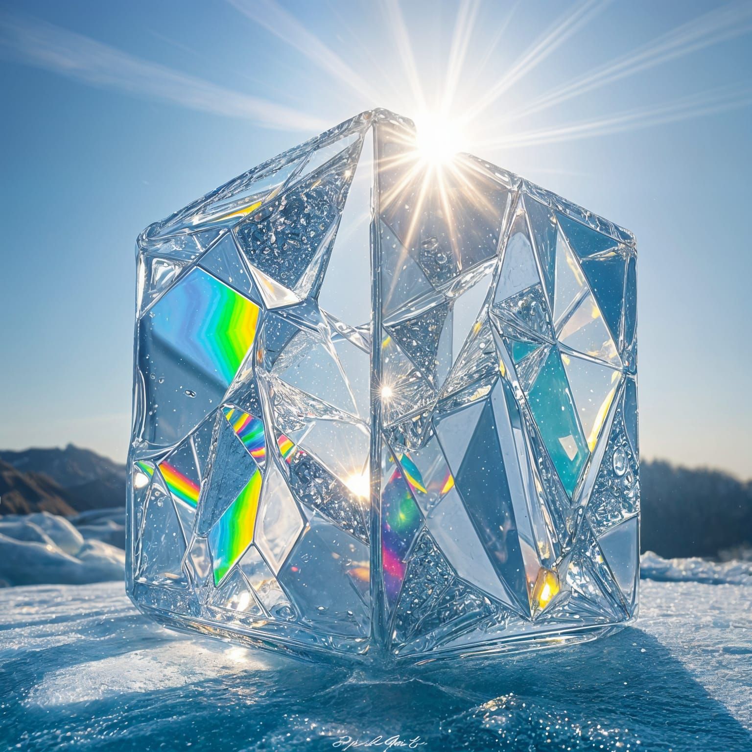 Hyperrealistic Ice Cube Prism of Sunlight