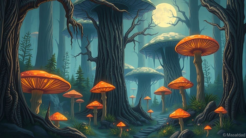 Dreamlike Forest Landscape in Ethereal Moonlight