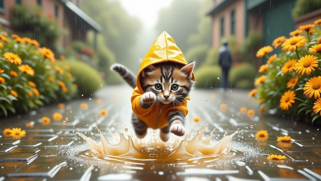 Whimsical Kitten Plays in Rainy Puddles