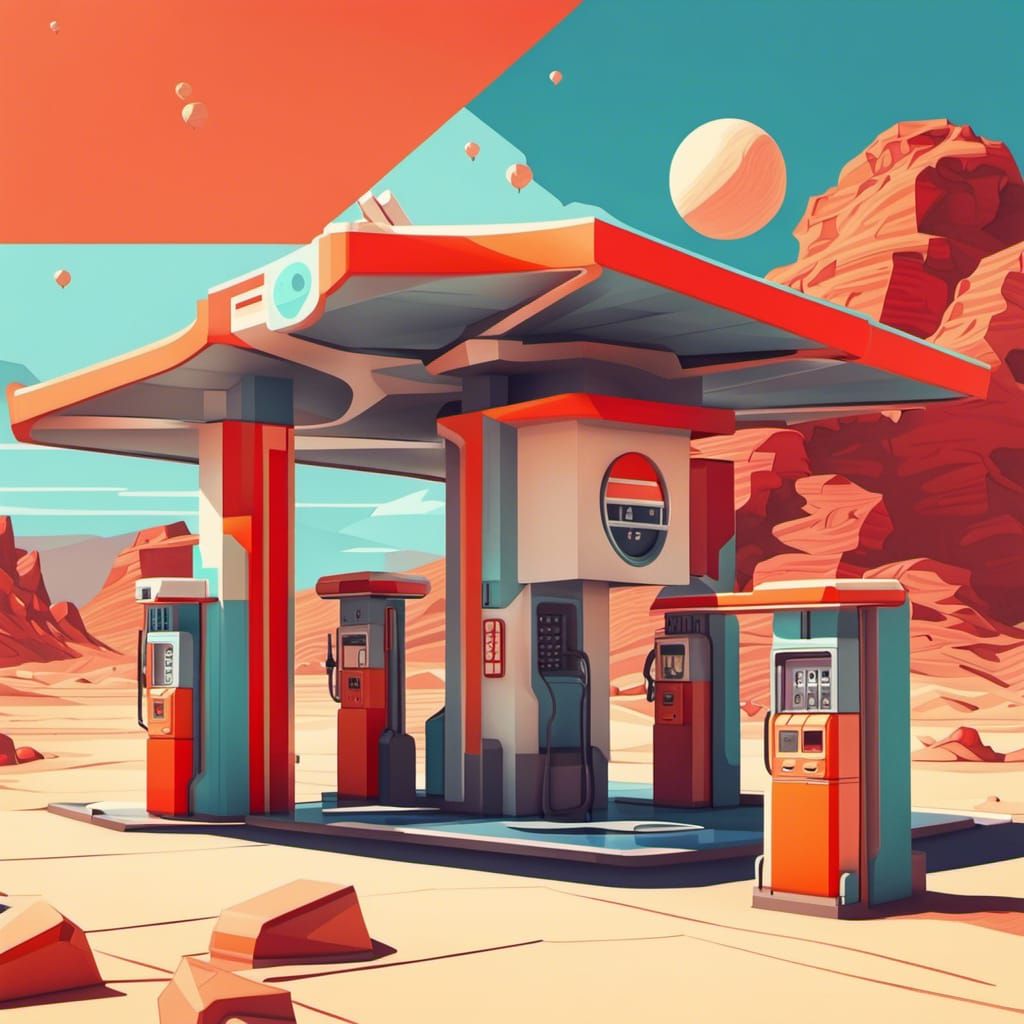 Retro Gas Station on Mars in Cubist Style