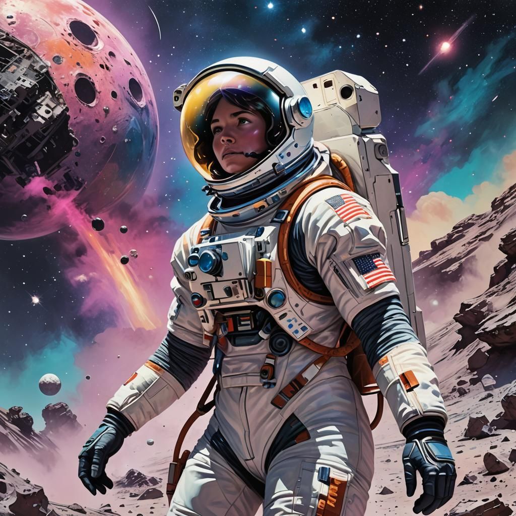 Portrait face of Woman astronaut, in plain comic colours.