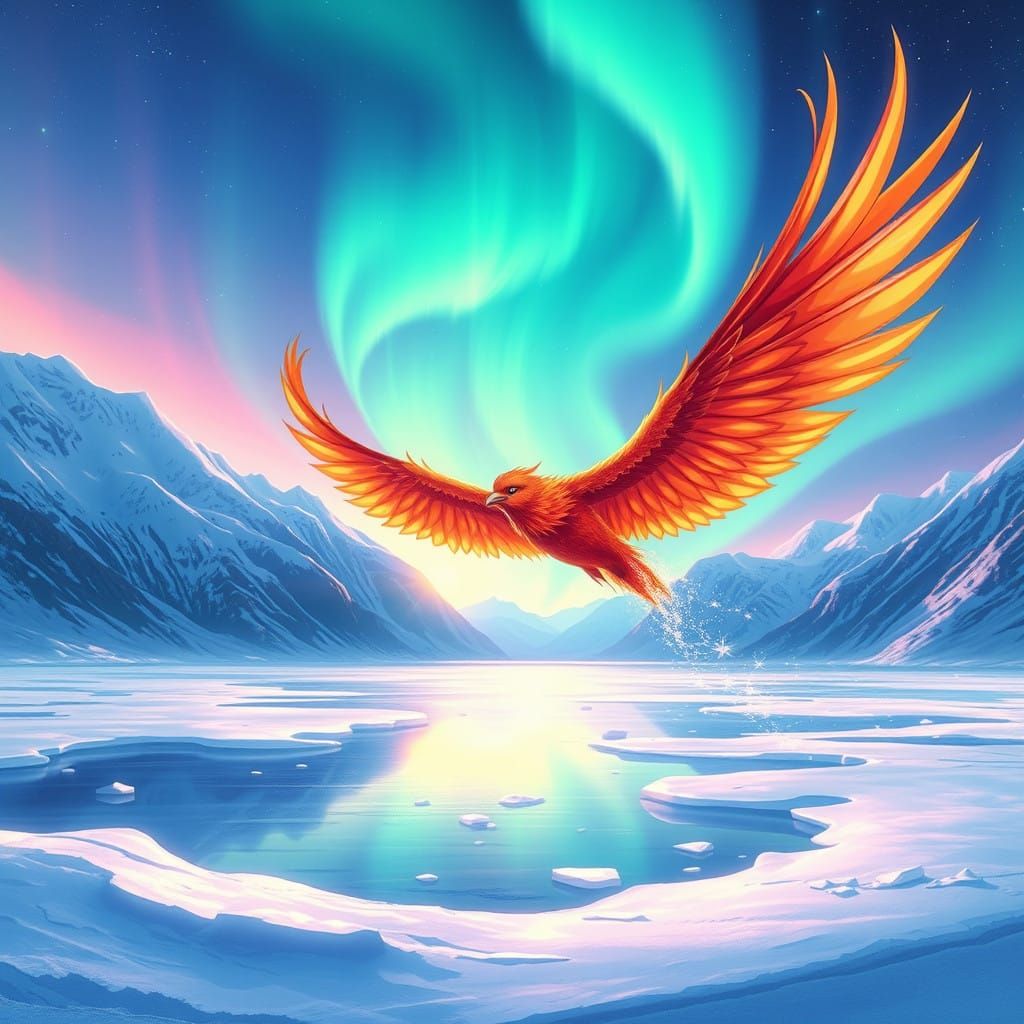 Ethereal Dawn Phoenix in Majestic Aurora Landscape