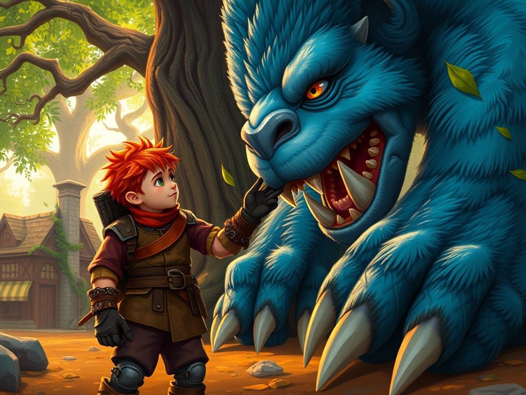 Young Adventurer Meets Majestic Beast in Epic Fantasy Landsc...