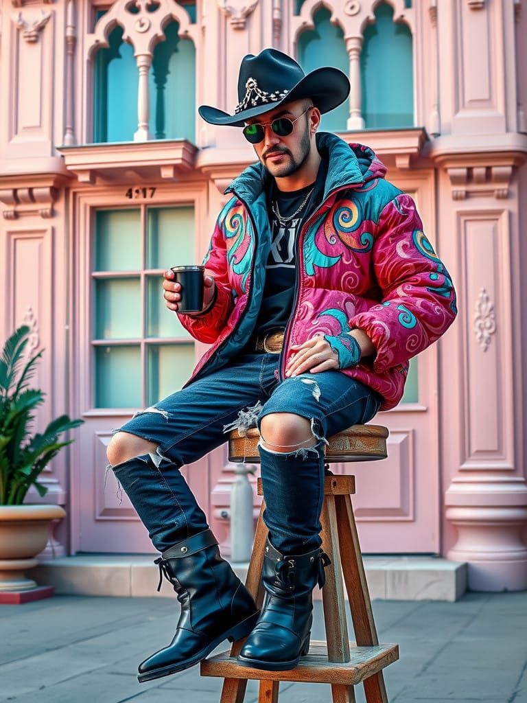 Glamorous Cowboy Figure in Whimsical Urban Landscape