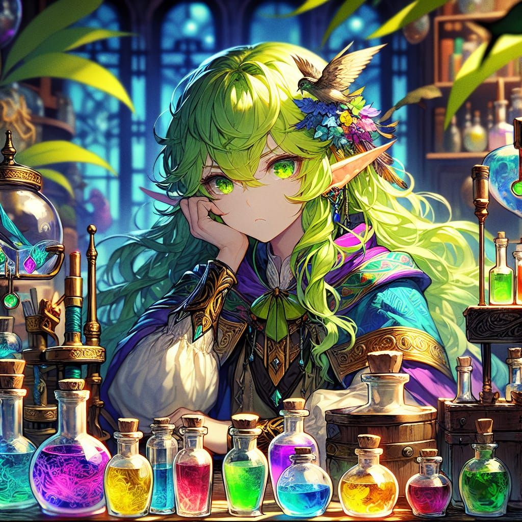 Anime Elf Druid Annoyed by Potion Clutter