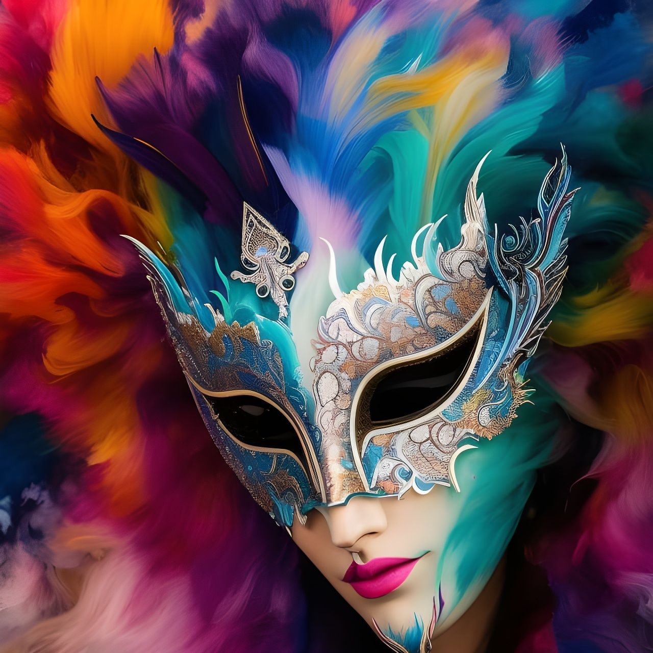 Colorful Masquerade Mask Portrait in Gouache Ink Style