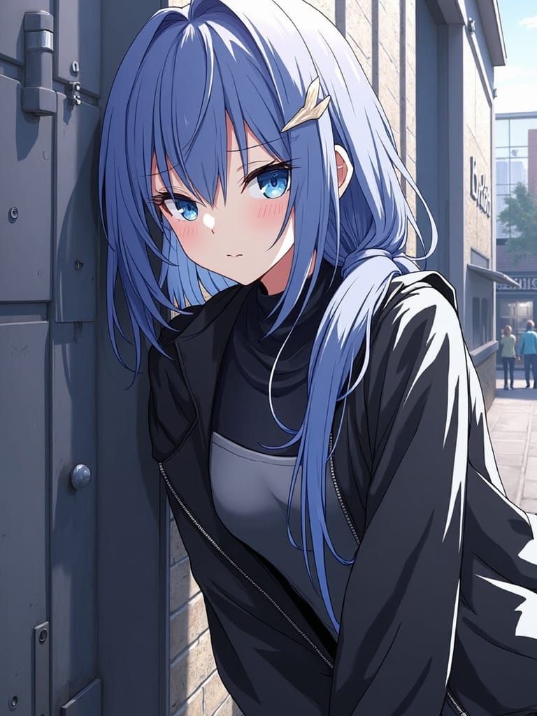 Anime Woman with Blue Hair in Cityscape