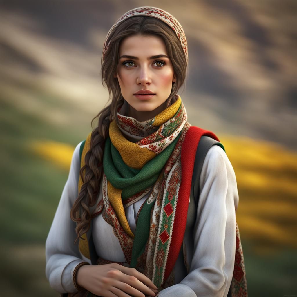 Kurdish Girl in Traditional Dress: Detailed Matte Painting