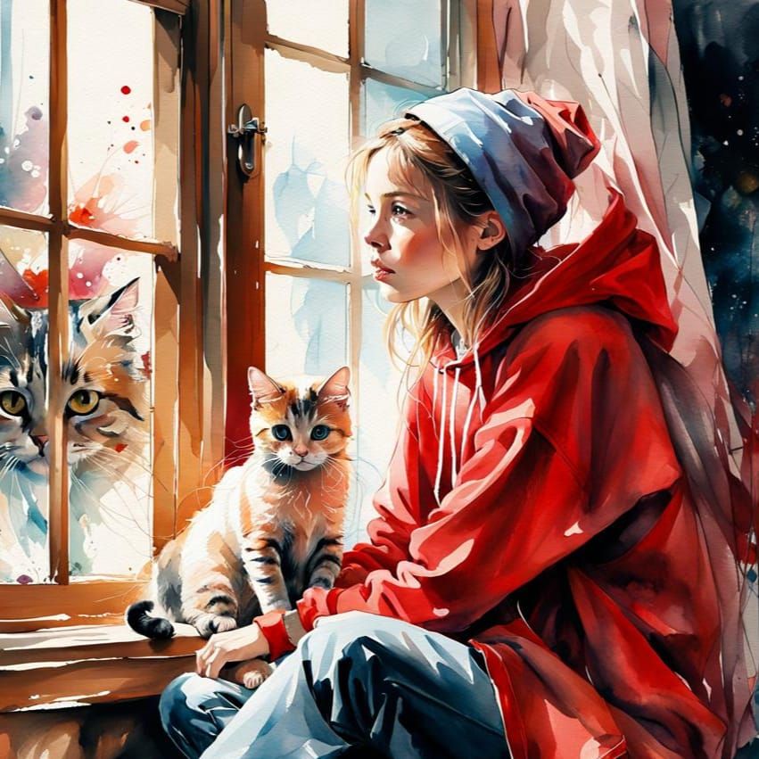 Woman with Cats: Watercolor Painting in Dark Fantasy Style