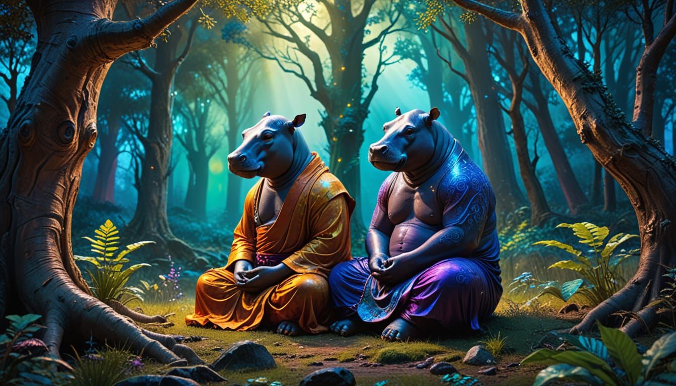 Hippopotamus Monk Meditating in Mystical Forest