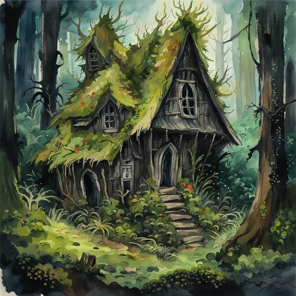Gothic Horror Forest Hut in Gouache Style