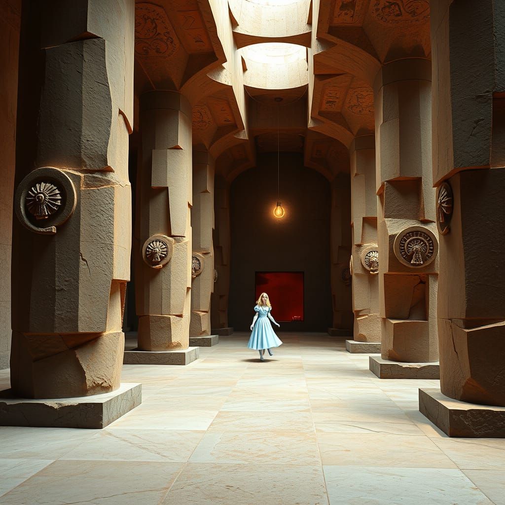 Ethereal Alice in a Surreal, Cubist Lobster Cathedral