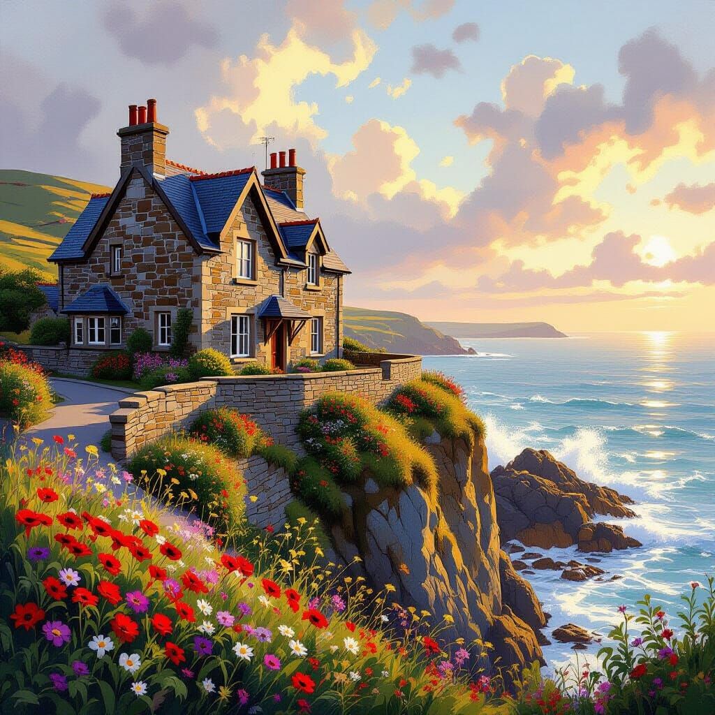 Picturesque Cornish Cliffside House in Golden Hour Light