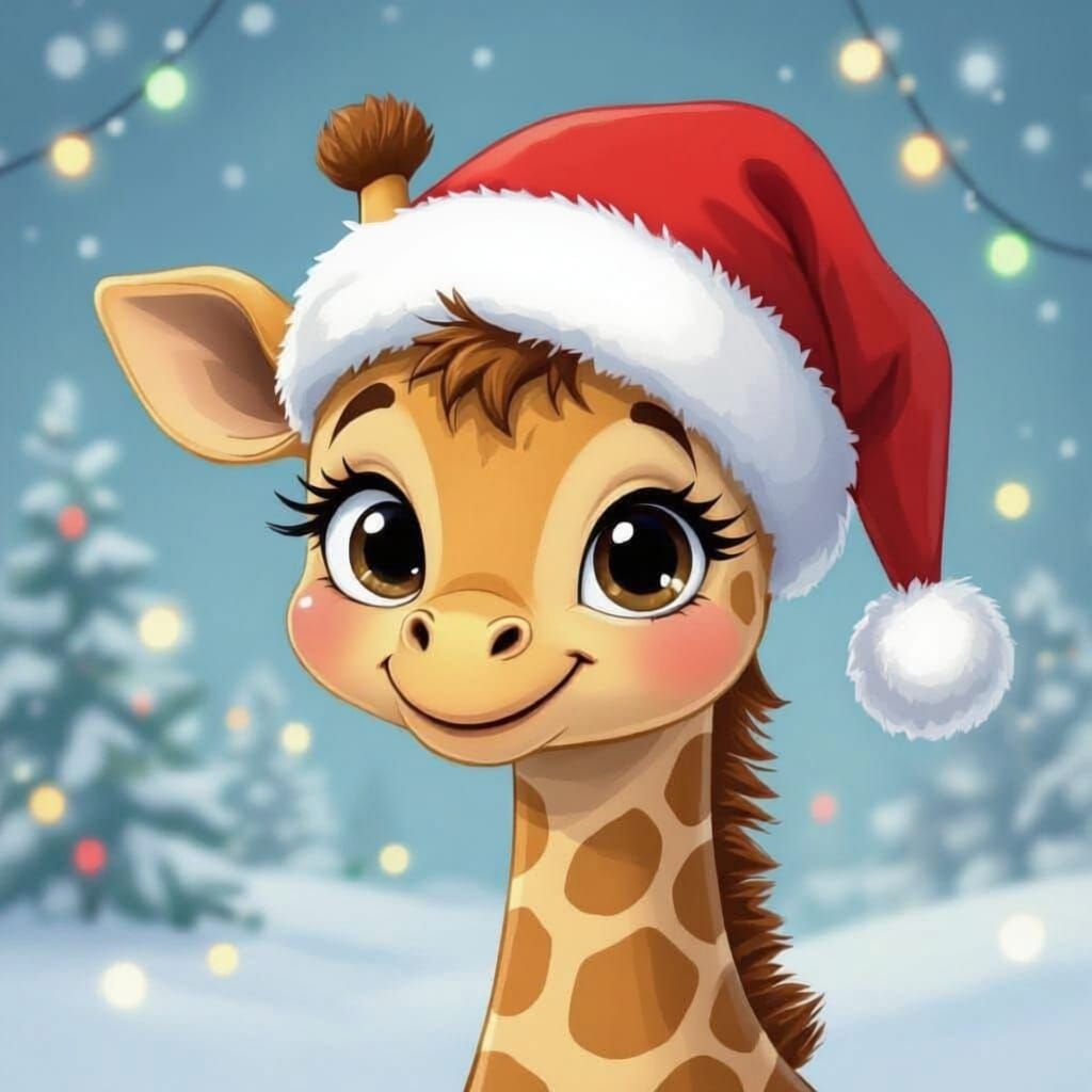 Cartoon Giraffe Wearing a Christmas Hat