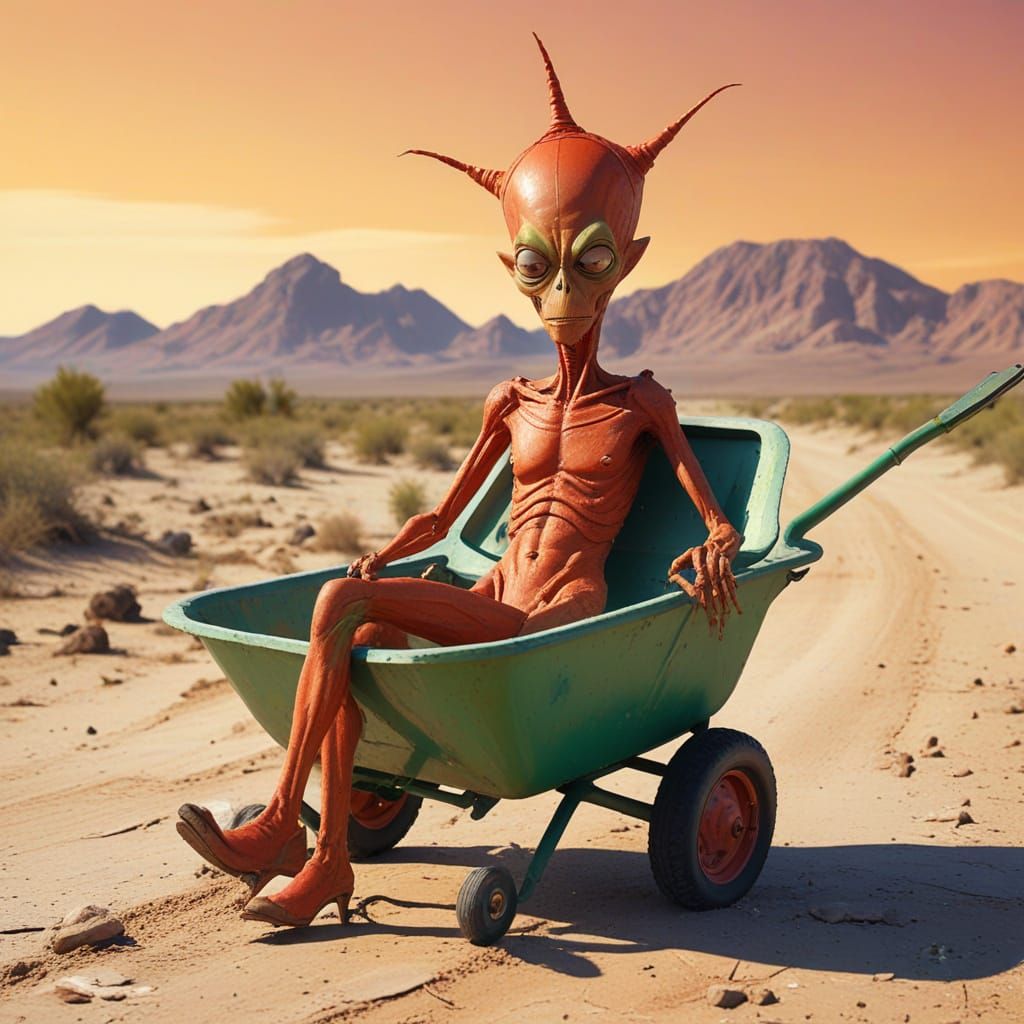 Comically Arrogant Red and Green Alien Rides a Wheelbarrow A...