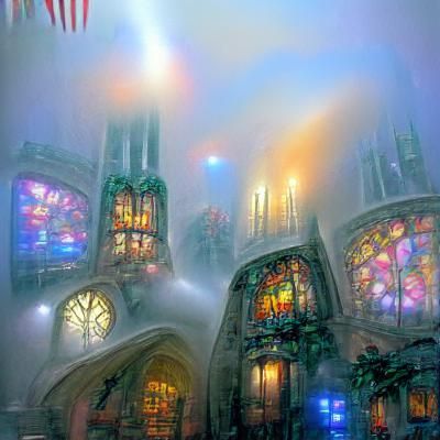 Ethereal Alien Cathedral with Stained Glass Windows