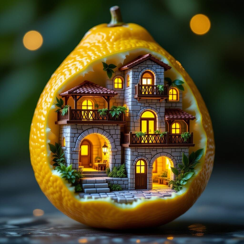 Etrog Carved With Miniature Neighborhood Scene