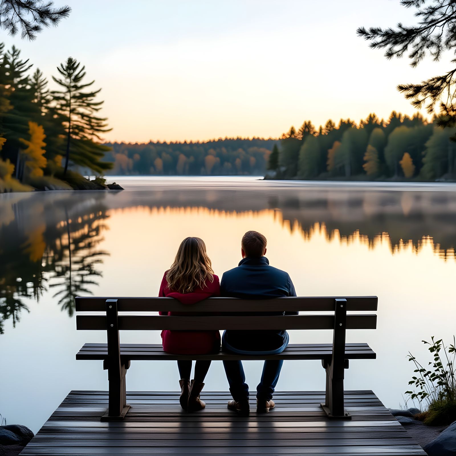 Couple on Dock at Blue Hour Lake Sunrise