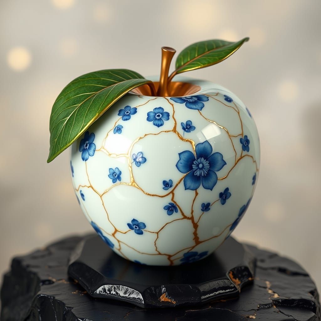 Ethereal Porcelain Apple in Golden Kintsugi Style
