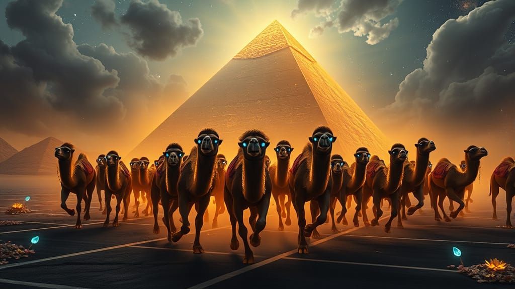 Surreal Desert Camels in a Sci-Fi Sandstorm