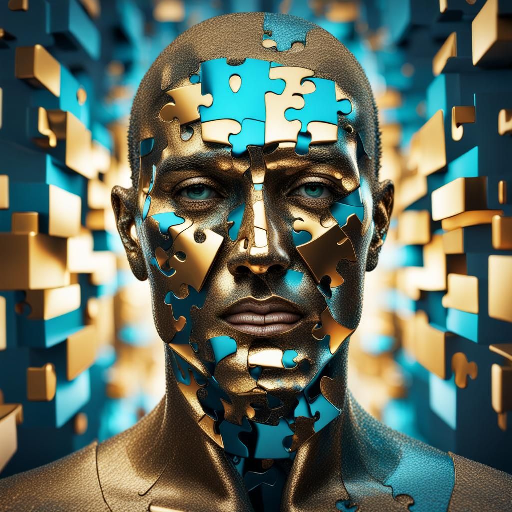 Fragmented Metallic Face in Hyperrealistic Digital Art