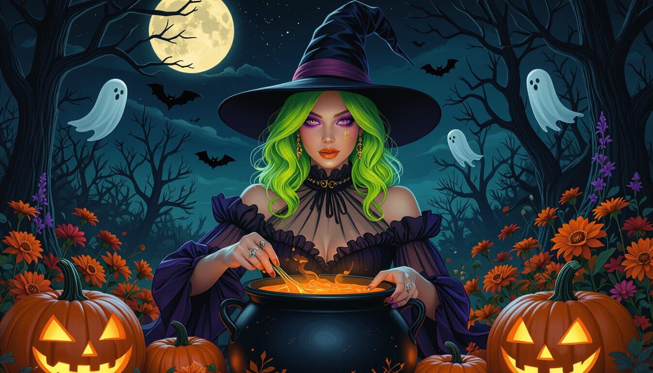 Mystical Witch with Neon Hair and Purple Eyes in Enchanted F...