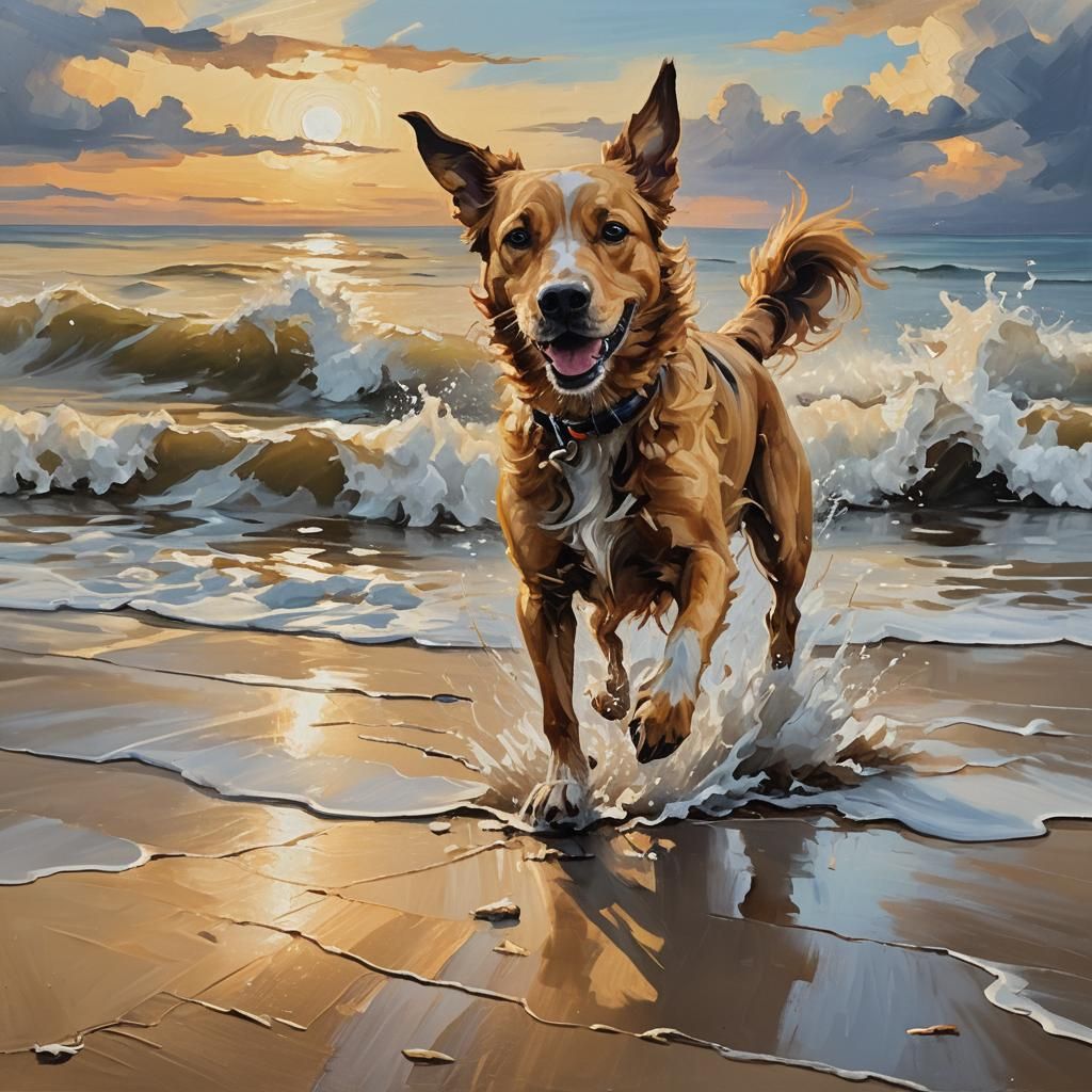 Dog on Beach: Expressive Oil Painting with Impasto