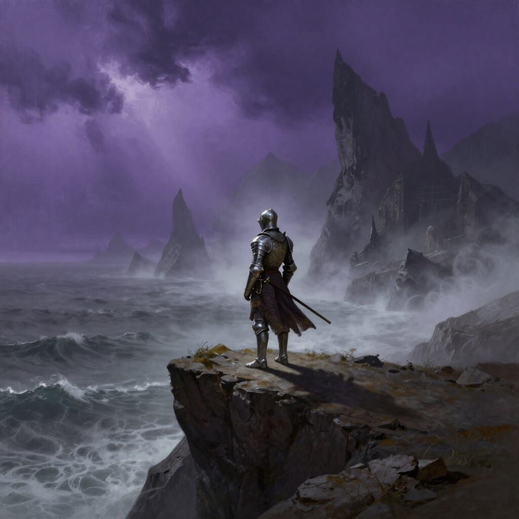 Lone Knight on Desolate Cliff Overlooking Turbulent Sea