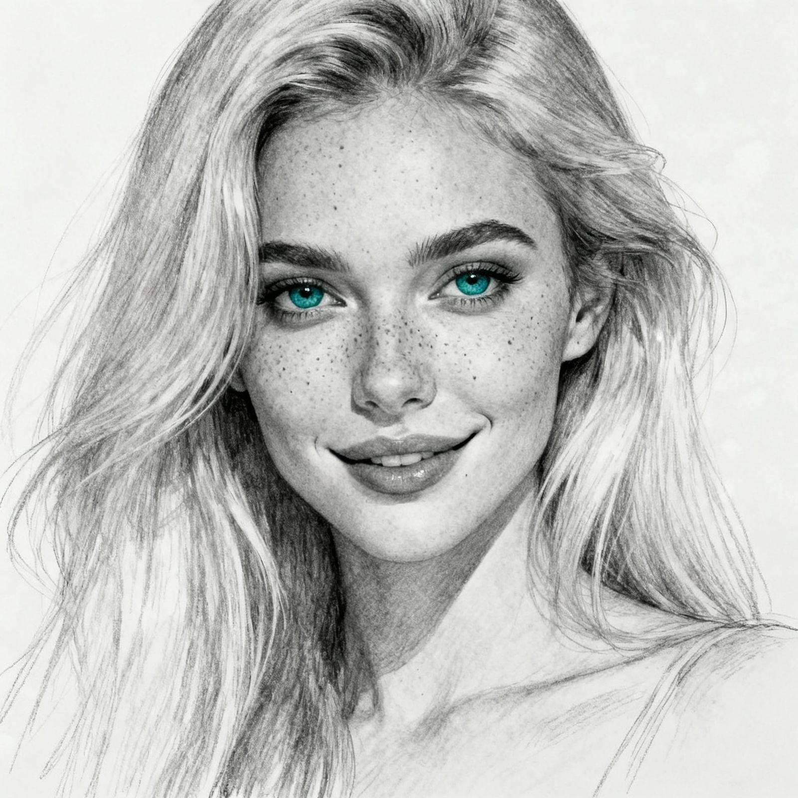 Beautiful Woman Pencil Sketch with Freckles and Blue-Green E...
