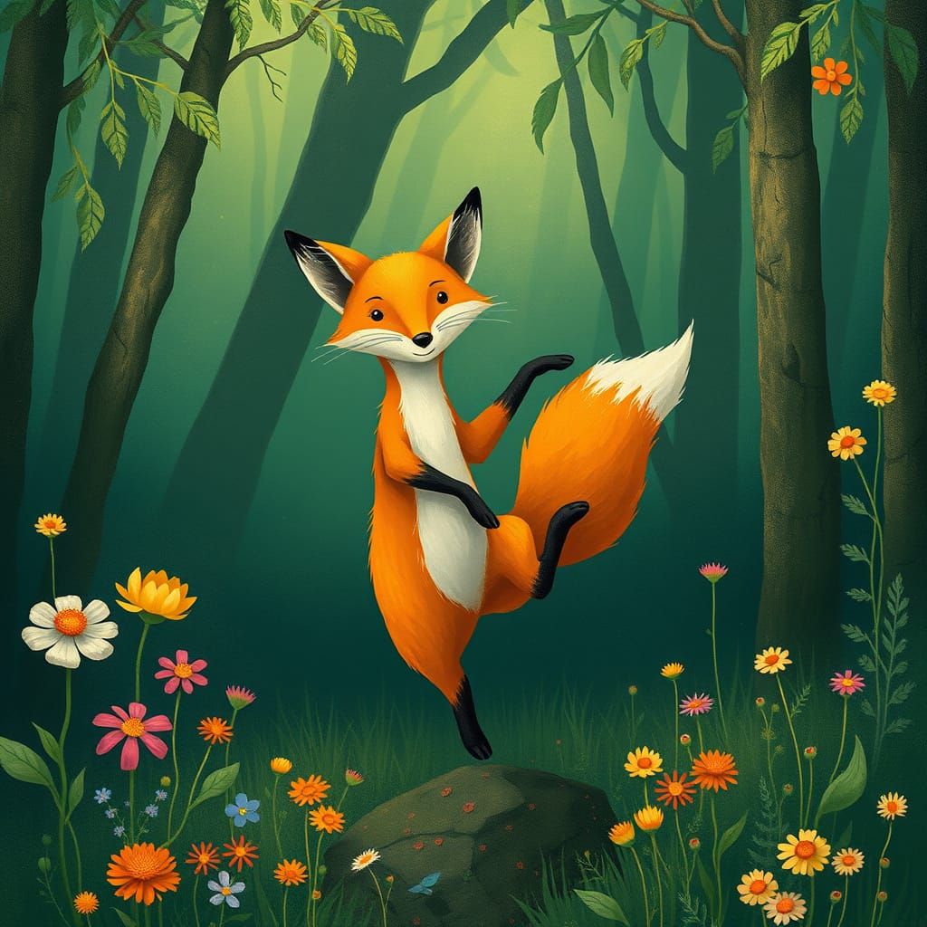 Whimsical Fox in Lush Forest Scene