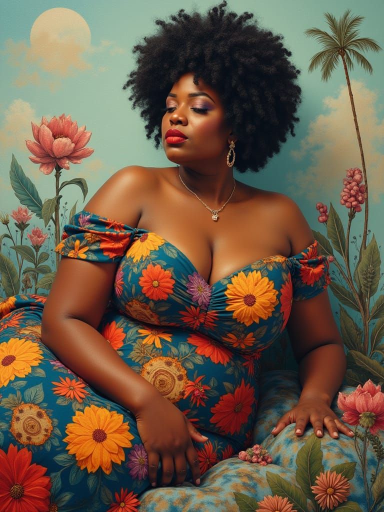 Surrealist Goddess in Vibrant Afro-Prints, Inspired by Dali