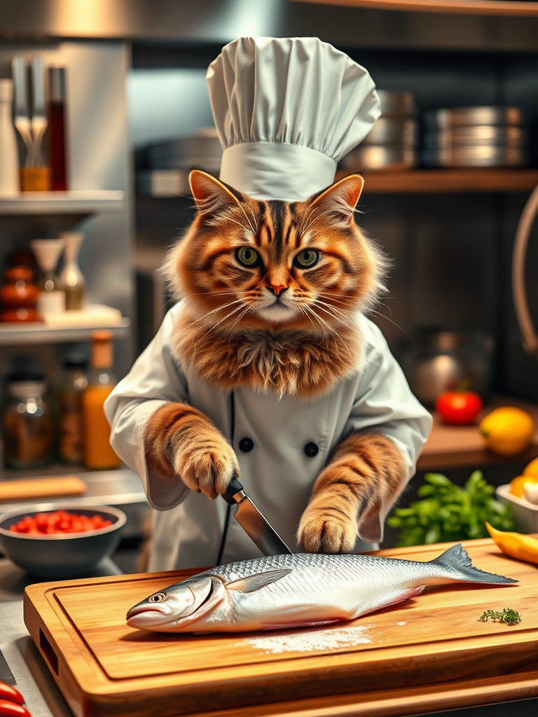Feline Master Chef in Professional Kitchen