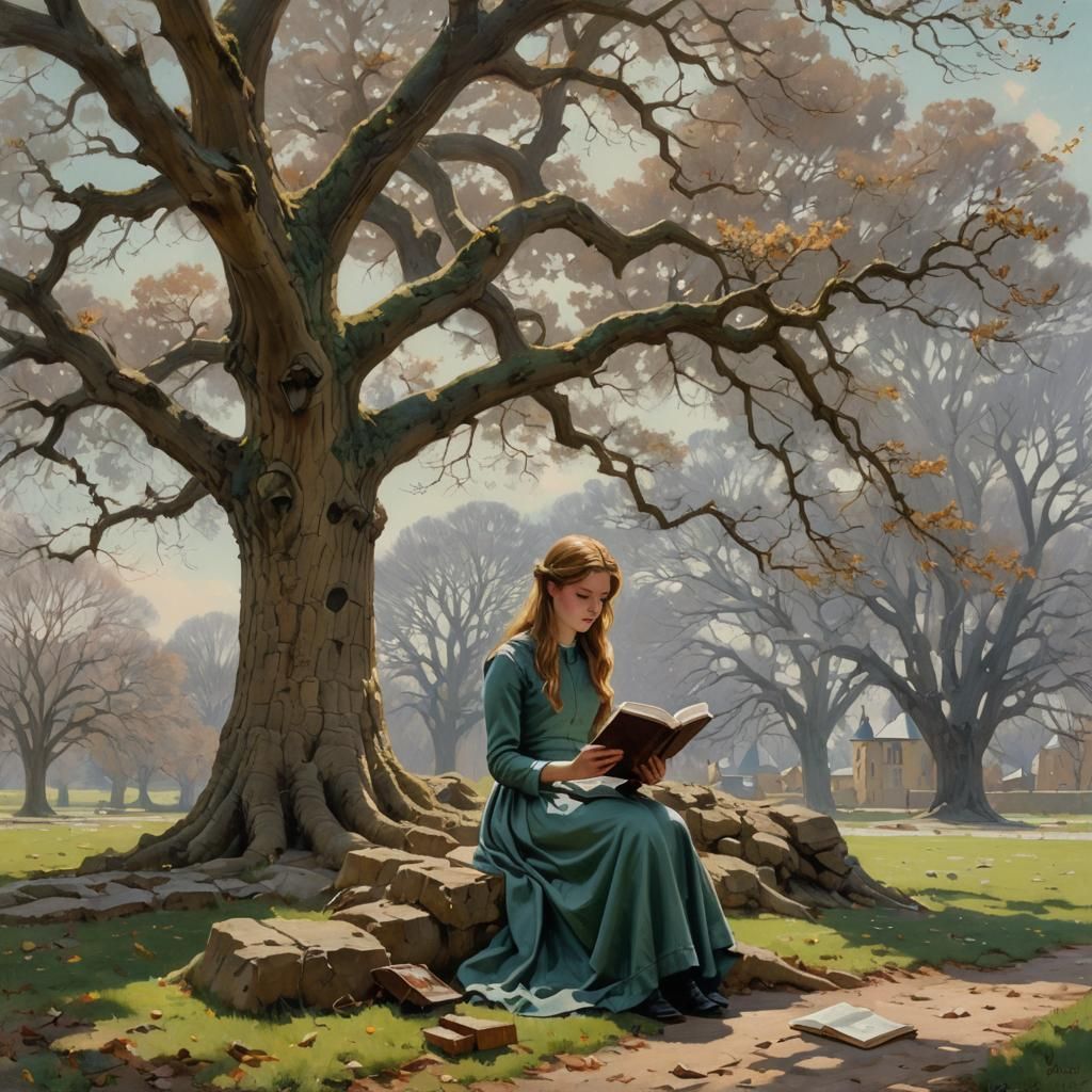 Nostalgic Winter Scene: Girl Reading Under Oak Tree