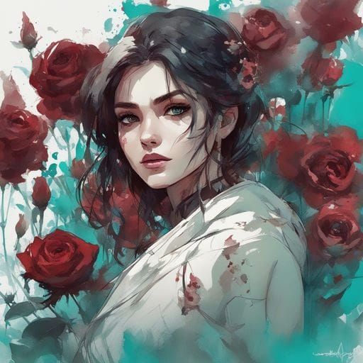 Watercolor Portrait of a Tatar Girl with Roses