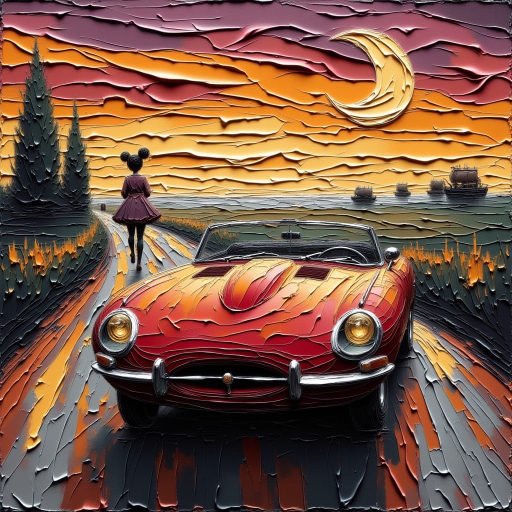 Impasto Painting of Red Jaguar E-Type at Sunset