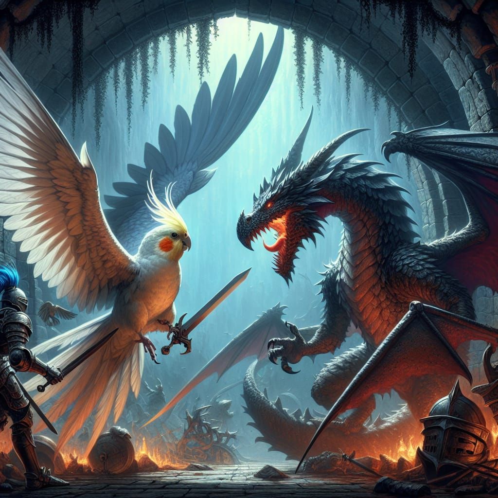 Cockatiel Knight Battles Dragon in Dungeon