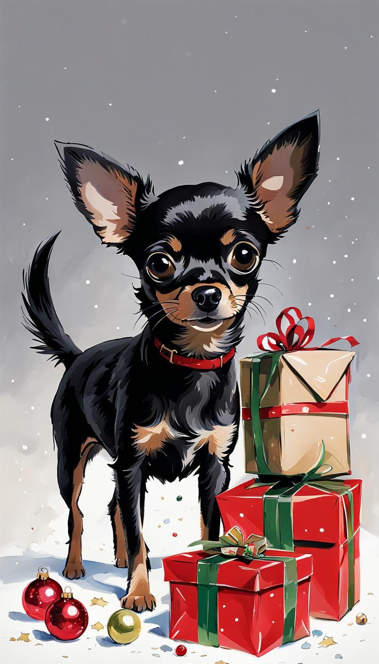 Whimsical Chihuahua Christmas Illustration