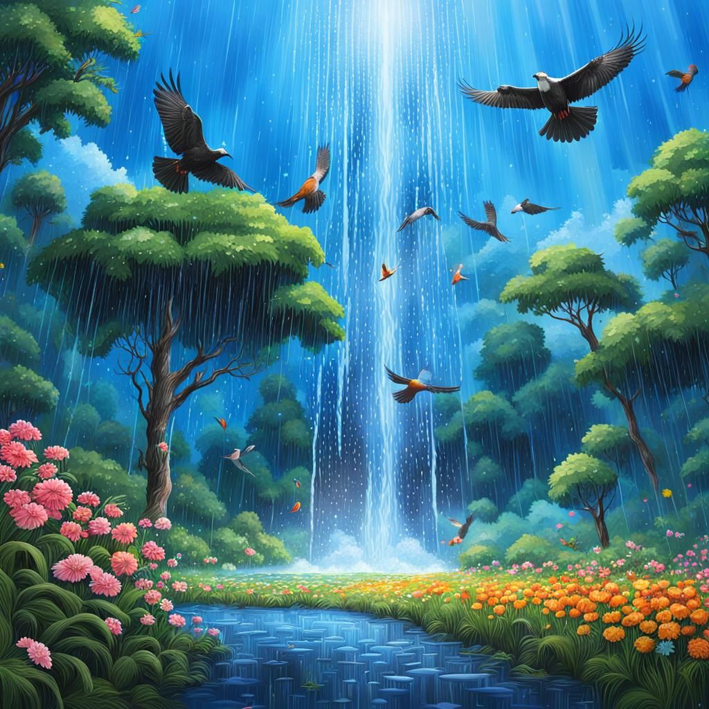 Lush Waterfall Scene in Hyperrealistic Splash Art