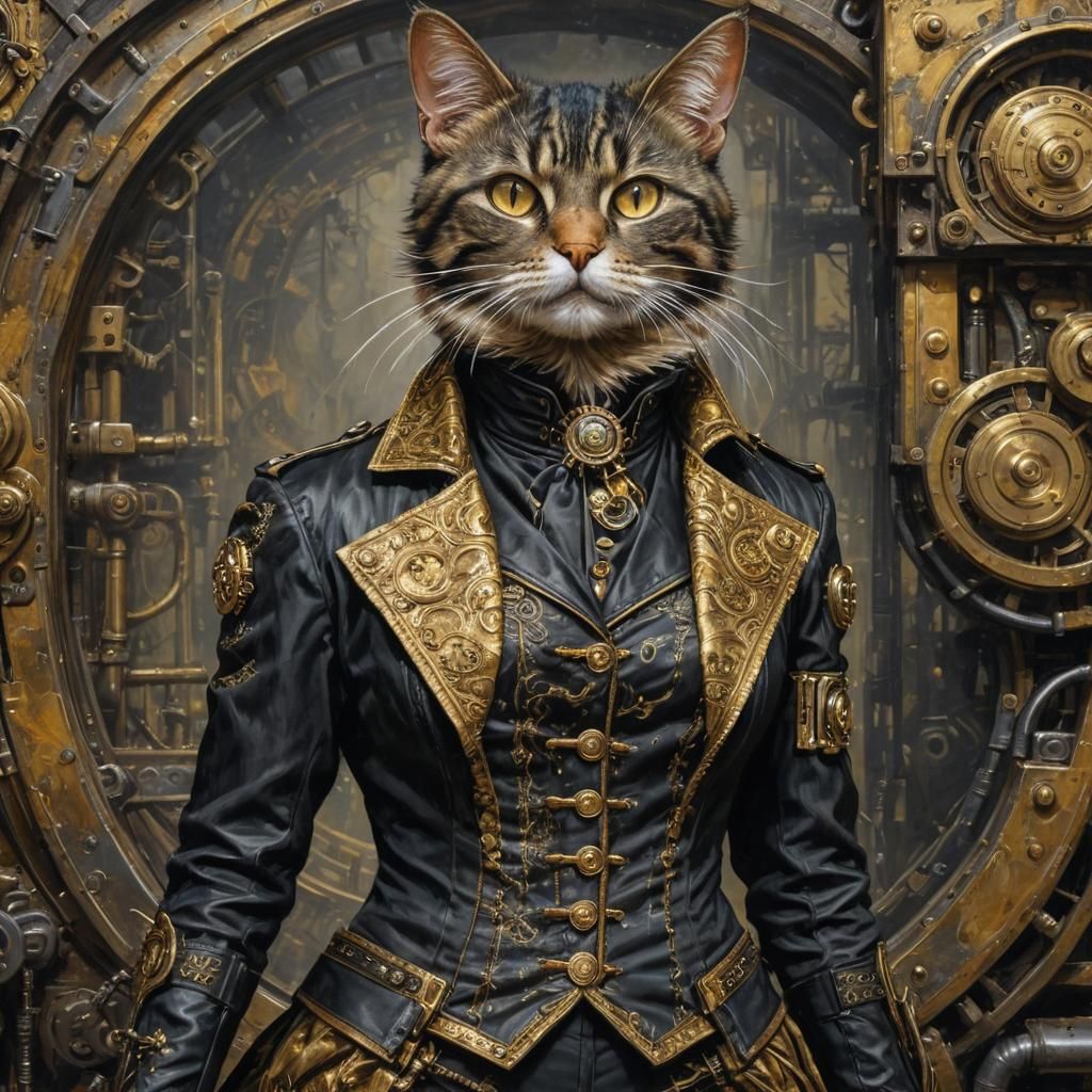 Steampunk Cat in Impasto Style with Gold Accents